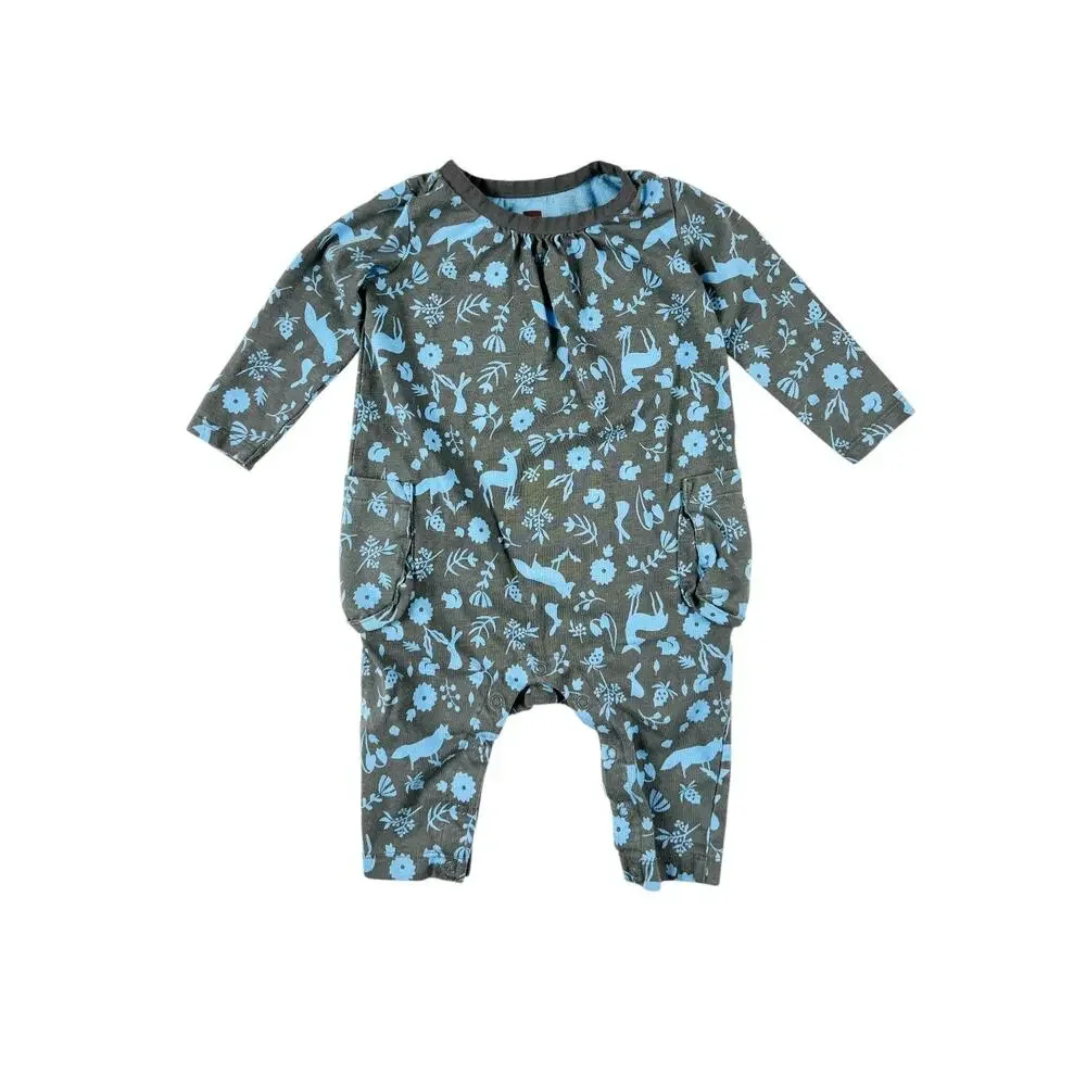 Tea Collection Flora and Fauna Pocket Romper Blue Gray 6-9 Months